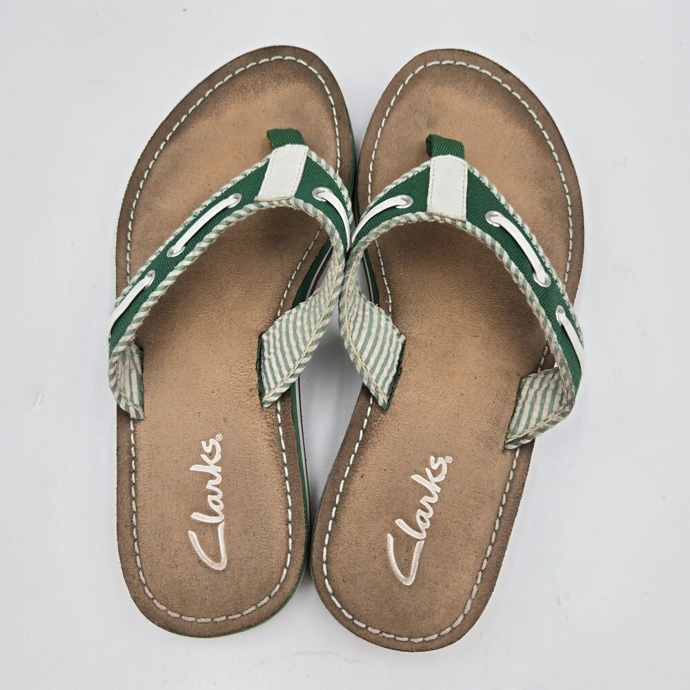 Clarks Sandals Womens 5 M Flo Cherrymore Slip On Thong Flip Flops Green White